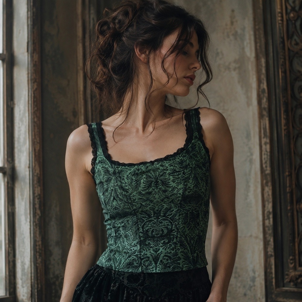 Arianne Florence Cami Corset Womens M Green Baroque Lace Trim Top Whimsigoth